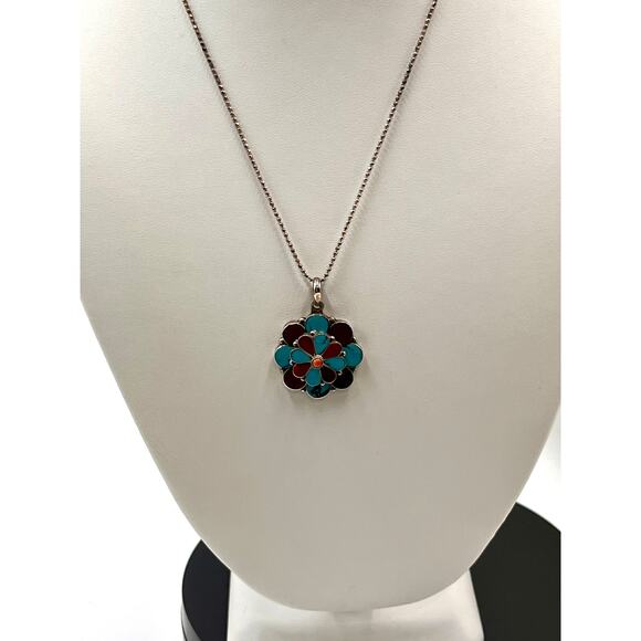 Sterling Silver Turquoise Coral Inlay Floral Bloom Spinning Pendant Necklace - Picture 9 of 13